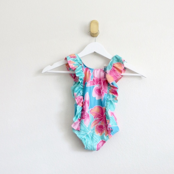 NEW! Kenny Flowers Kiddy Flowers Maui Ruffle One Piece Pink Blue Girls 3-6 M - Picture 9 of 15
